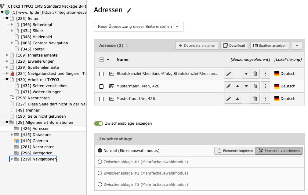 Ordner zum Anlegen neuer Adressdatensätze im Typo3-Backend