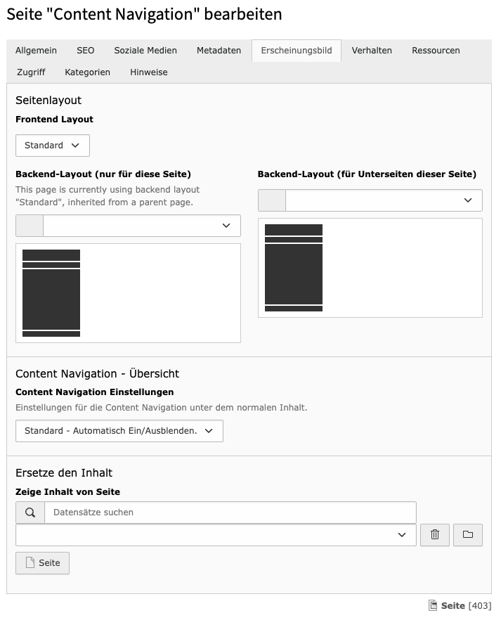 Eingabemaske des Inhaltselements Content Navigation