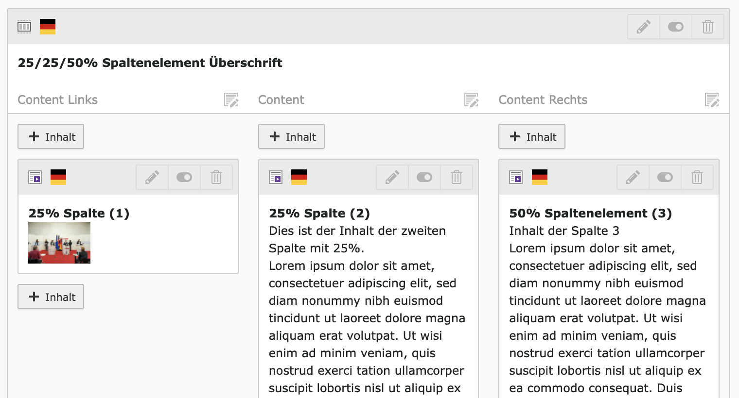 Ansicht eines 25/25/50% Spaltenelements im Typo3-Backend