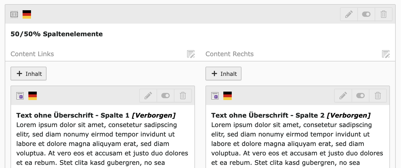 Ansicht eines 50/50% Spaltenelements im Typo3-Backend